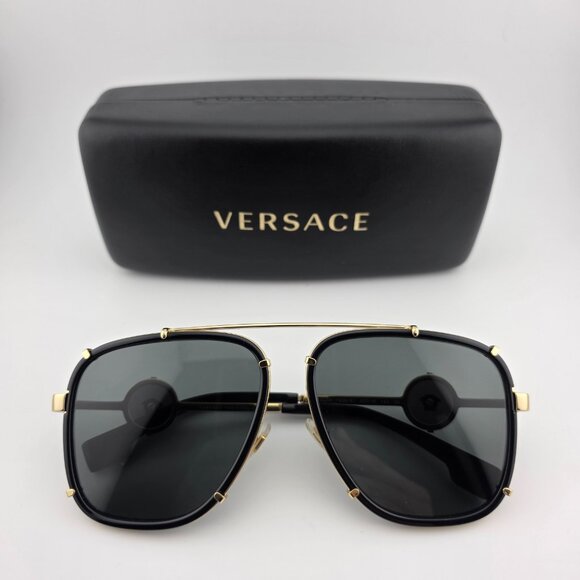 Versace MOD 2233 Men's Gray Lens Black Gold Metal Frame Aviator Sunglasses - Picture 1 of 7